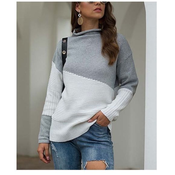 Jiana Sweaters - Jiana | Light Gray & White Color Block Mock Neck Sweater - Women Size L # Z548‌